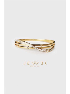 Jewel Tek Taşlı Dalgalı Şerit Gold Altın Kaplama Bileklik