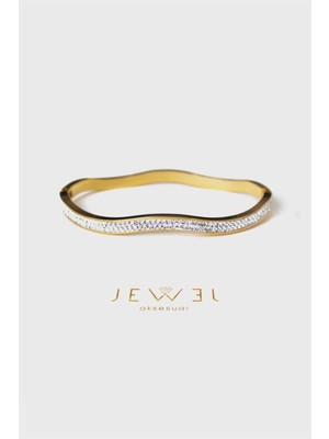 Jewel Dalga Şerit Taşlı Gold Altın Kaplama Bileklik