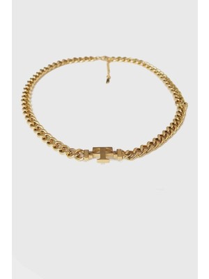 Jewel T Model Kalın Zincir Gold Altın Kaplama Kolye