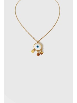 Jewel Beyaz Taşlı Mavi Göz Model Gold Altın Kaplama Kolye