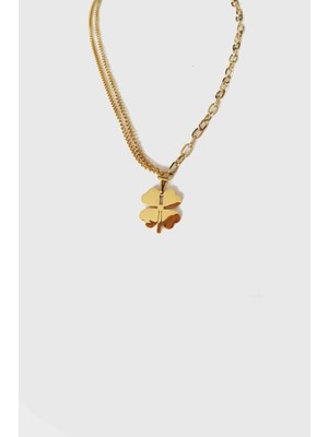 Jewel Dört Yaprak Zincir Detaylı Gold Altın Kaplama Kolye