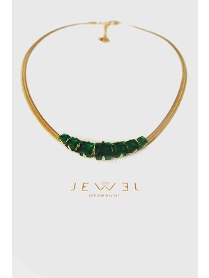 Jewel Zümrüt Taşlı Italyan Zincir Gold Altın Kaplama Kolye