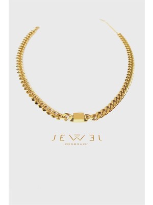 Jewel Kalın Zincir Düz Taşlı Gold Altın Kaplama Kolye