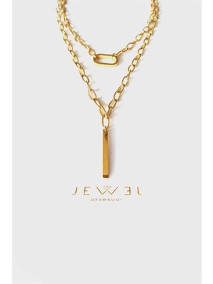 Jewel Çift Zincir Dikdörtgen Gold Altın Kaplama Kolye