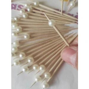 TM Tasarım Mağazası 200 Adet Küçük Incili Lokumluk Kokteyl Kürdanı 6 cm Krem - Inci 6 mm - Nişan Mevlid Incili Kürdan