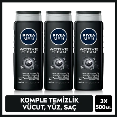 NIVEA MEN Active Clean Duş jeli 500mlx3Adet, Vücut ,Saç ve