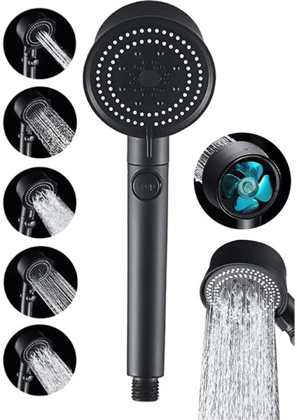 Turbo Black Power Siyah Pervaneli 5 Fonksiyonlu Yüksek Basınçlı Mat Siyah Duş Başlığı El Duşu - Ili