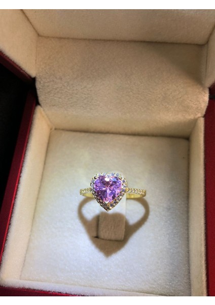 Swarovski Taşlı Pembe Renkli Kalpli 925 Ayar Gümüş Sevgiliye,anneye,arkadaşa Yüzük