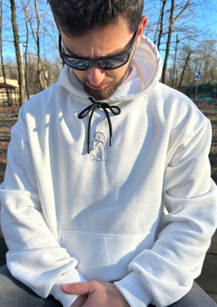 Baskılı Beyaz Kapüşonlu Sweatshirt