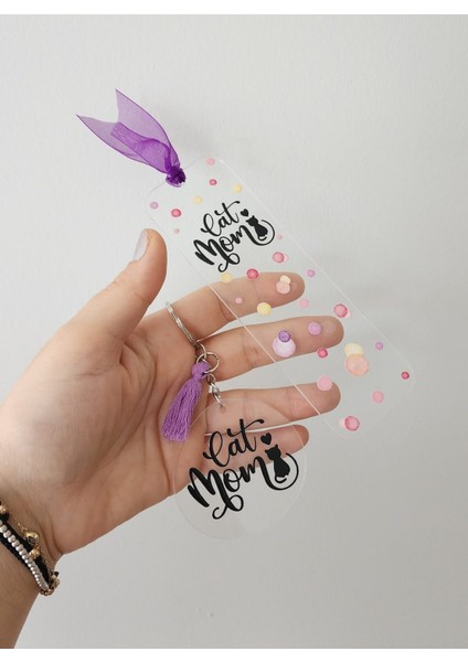 Cat Mom Yazılı Pleksi Kitap Ayracı ve Anahtarlık Seti