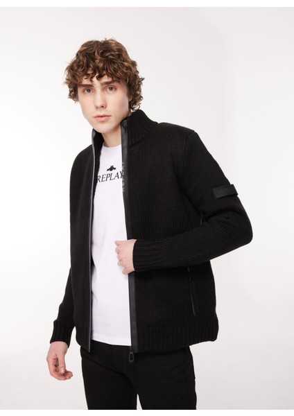 Dik Yaka Normal Düz Siyah Erkek Kazak UK3053 098 Black