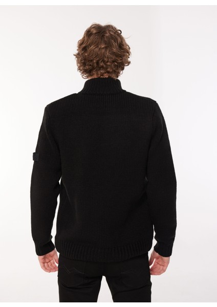 Dik Yaka Normal Düz Siyah Erkek Kazak UK3053 098 Black