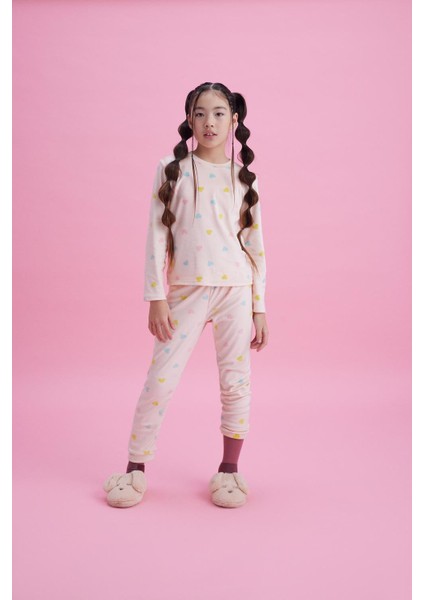 Kız Çocuk Termal Soft Pembe Kalpli Pijama Takımı