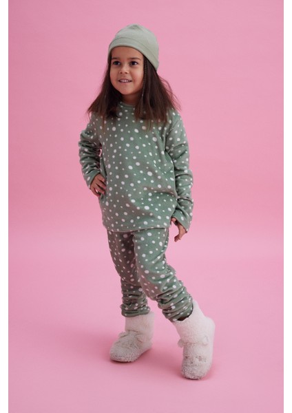 Kız Çocuk Termal Soft Yeşil Puantiye Desen Pijama Takım