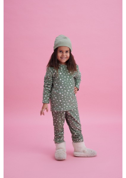 Kız Çocuk Termal Soft Yeşil Puantiye Desen Pijama Takım fiyatları
