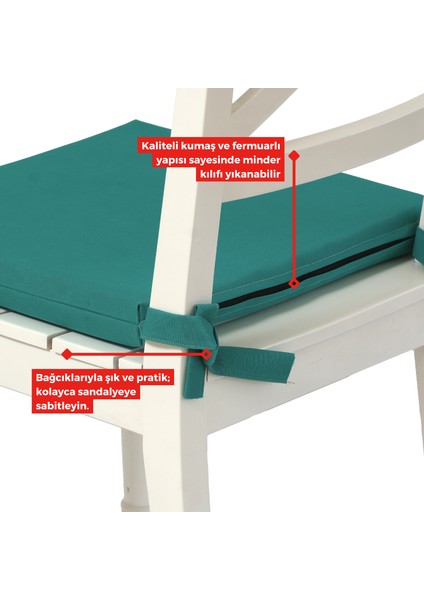Fermuarlı 4'lü Sandalye Minderi Su Itici Kumaş 40X40 cm Sünger Sandalye Minderi Bağcıklı Turkuaz