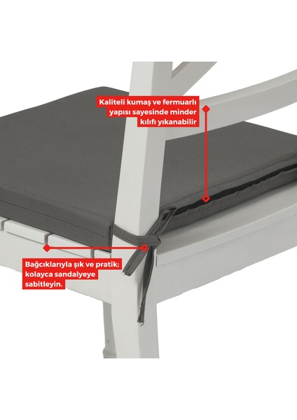 Fermuarlı 4'lü Sandalye Minderi Su Itici Kumaş 40X40 cm Sünger Sandalye Minderi Bağcıklı Antrasit