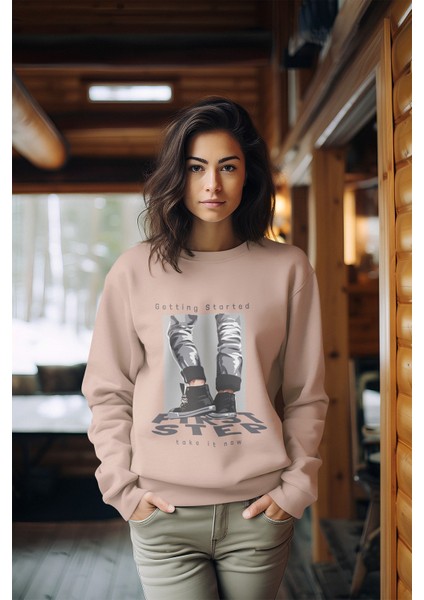 Premium Pamuk First Step Baskılı Tarz Kadın Bisiklet Yaka Sweatshirt