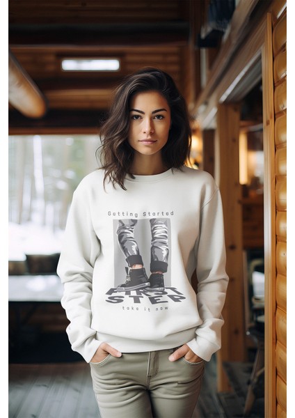 Premium Pamuk First Step Baskılı Tarz Kadın Bisiklet Yaka Sweatshirt