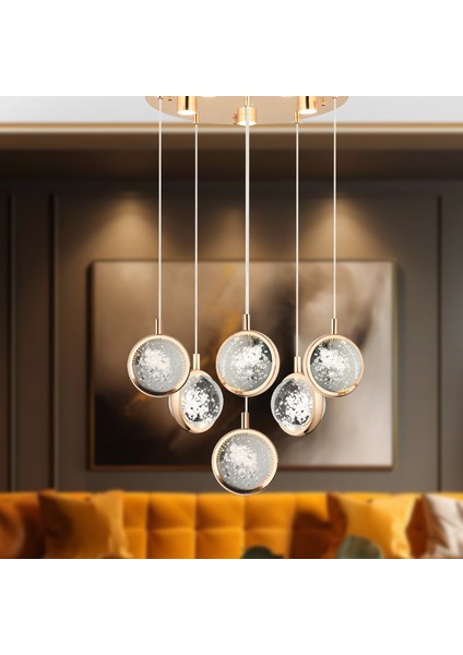 Eldon 6'lı Yuvarlak 3 Renk 75 Watt Gold Kristal Ledli Modern Oturma Odası Salon Sarkıt Avize