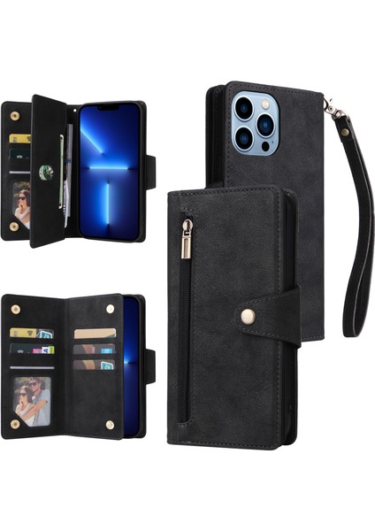 Ile Uyumluiphone 13 Pro Max Mıknatıslı Deri Zip Cüzdan Kart Sahibi (Yurt Dışından)