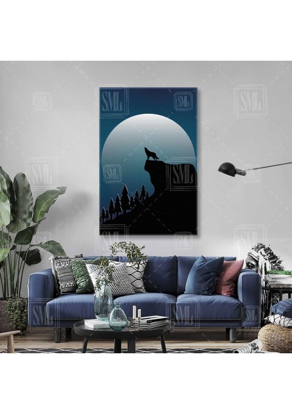 Ay Işığında Uluyan Kurt Bozkurt Wolf Moon Dikey Kanvas Tablo