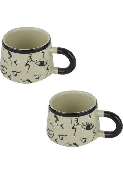 Kupa Bardak Seramik Yüz Desenli 2'li Set 200 ml