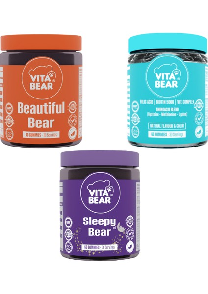 Sleepy Bear 60 Gummy & Strong Hair 60 Gummy & Beautiful Bear 60 Gummy - 3'lü Vita Bear Gummy Paket