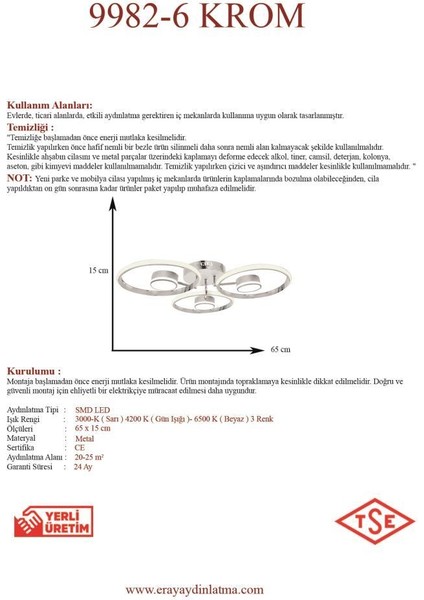 9982-6 Krom LED Avize(Beyaz Işık -Sarı Işık - Gün Işığı)