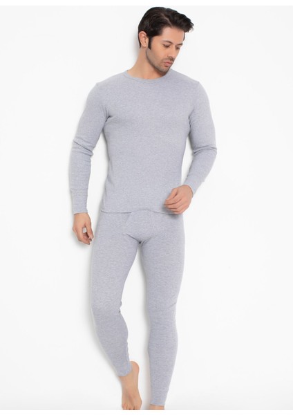 Erkek İç Giyim Takımı %100 Pamuk Gri Renk Uzun Kol ve Pantolon Seti