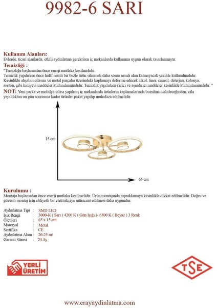 9982-6 Sarı LED Avize(Beyaz Işık -Sarı Işık - Gün Işığı)