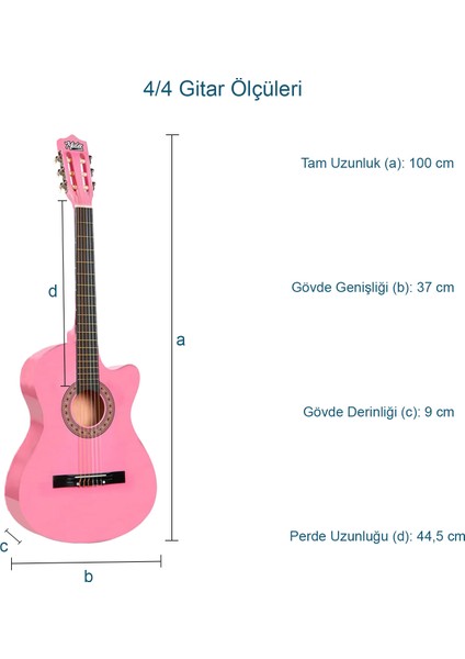 CG-395PK Pembe Renk Kesik Klasik Gitar 4/4 Yetişkin Boy Sap Ayarlı Full Set