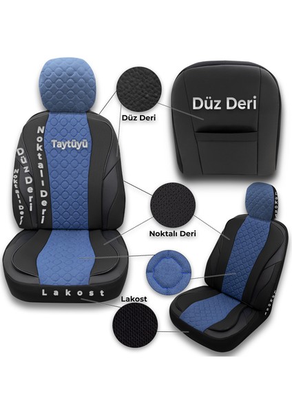 Vıp Serisi - Citroen Ds5 ile Uyumlu Oto Koltuk Kılıfı, Tay Tüyü-Deri / Mavi*siyah*siyah