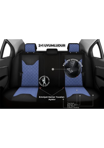 Vıp Serisi - Volkswagen Id.3 ile Uyumlu Oto Koltuk Kılıfı, Tay Tüyü-Deri / Mavi*siyah*siyah