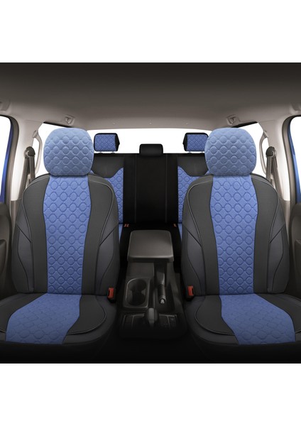 Vıp Serisi - Volkswagen Id.3 ile Uyumlu Oto Koltuk Kılıfı, Tay Tüyü-Deri / Mavi*siyah*siyah