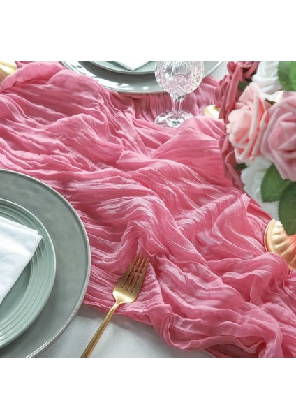 6 Paket Pembe Tülbent Masa Koşucu 35X120IN Boho Gazlı Bez Masa Koşucu Düğün Gelin Bebek Duş Parti Dekor Için (Yurt Dışından) fırsatları