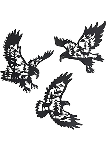 Metal Kartal Duvar Sanatı Dekor 3'lü Set, Ayı Geyik Siluet Desenli Kel Kartal Duvar Dekoru, Orman Köşkü Avcılık Dekoru (Yurt Dışından)