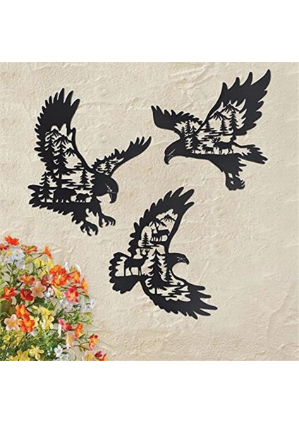 Metal Kartal Duvar Sanatı Dekor 3'lü Set, Ayı Geyik Siluet Desenli Kel Kartal Duvar Dekoru, Orman Köşkü Avcılık Dekoru (Yurt Dışından)