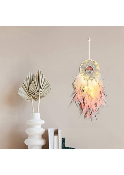 Dream Catcher Asılı Süs Dekor El Yapımı LED Işıkları Pembe Tüy Şifa Kristalleri Dreamcatchers Ev Duvar Dekoru Için (Yurt Dışından) modelleri