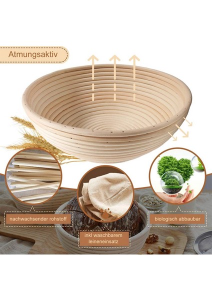 Yuvarlak Set, Ekmek ve Ekmek Hamuru Için 4 Maya Sepeti, Keten Parçalı Banneton Mayalama Sepeti, Hamur Kazıyıcı Seti Yuvarlak (Yurt Dışından)