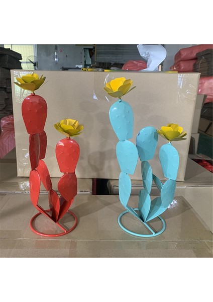 Metal Dikenli Armut Kaktüs Yard Sanat Hediyeler - Kaktüs Heykeli Çöl Dekoru, Çiçekli Metal Kaktüs, Metal Bitki Dekor Kırmızı (Yurt Dışından)