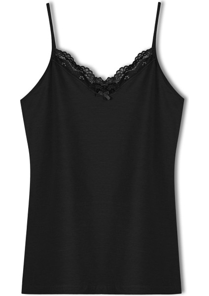 Pamuklu Yakası Dantel Ince Askılı Kadın Atlet Siyah