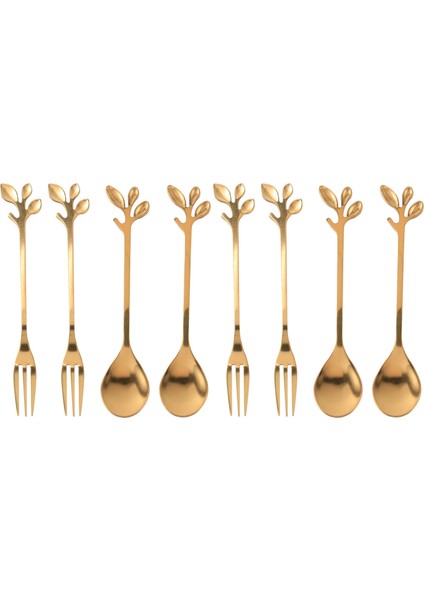 Sofra Takımı Altın Yaprak Kahve Kaşığı Çatal, 8'li Paket(4 Kaşık 4 Çatal) Little Demitasse Espresso Kaşığı (Yurt Dışından)