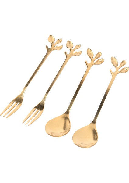 Sofra Takımı Altın Yaprak Kahve Kaşığı Çatal, 8'li Paket(4 Kaşık 4 Çatal) Little Demitasse Espresso Kaşığı (Yurt Dışından)