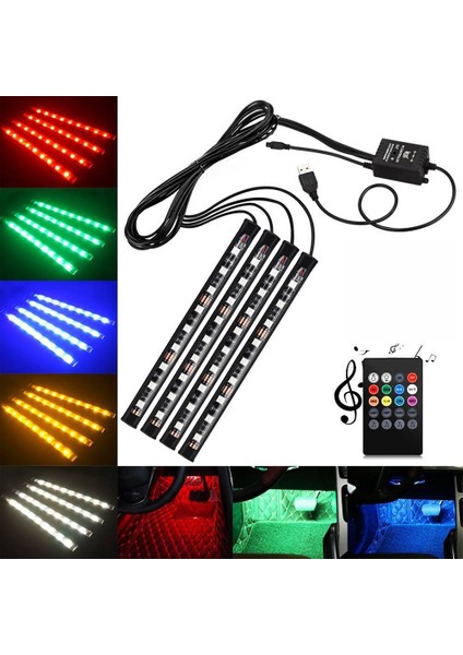 4x DC12V 9 LED Rgb Araç Iç Atmosfer Ayak Bölmesi Şerit Işığı USB Şarj Cihazı (Yurt Dışından)