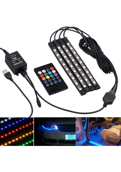 4x DC12V 9 LED Rgb Araç Iç Atmosfer Ayak Bölmesi Şerit Işığı USB Şarj Cihazı (Yurt Dışından)