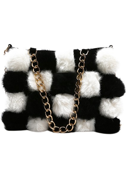 Rahat Peluş Top Dikiş Kafes Siyah Beyaz Zincir Çanta Basit Omuz Messenger Çanta (Yurt Dışından)