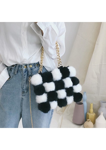 Rahat Peluş Top Dikiş Kafes Siyah Beyaz Zincir Çanta Basit Omuz Messenger Çanta (Yurt Dışından) fiyatları