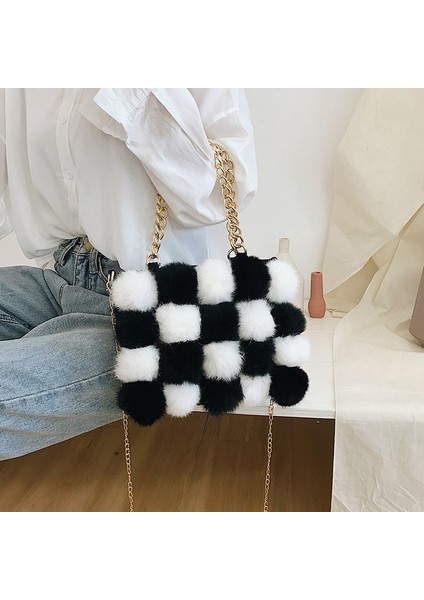 Rahat Peluş Top Dikiş Kafes Siyah Beyaz Zincir Çanta Basit Omuz Messenger Çanta (Yurt Dışından) modelleri