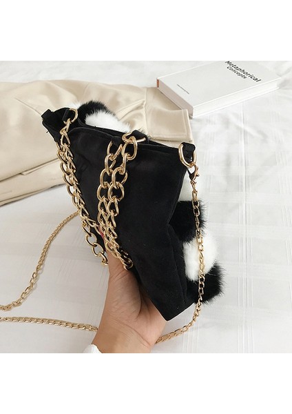 Rahat Peluş Top Dikiş Kafes Siyah Beyaz Zincir Çanta Basit Omuz Messenger Çanta (Yurt Dışından) fırsatları